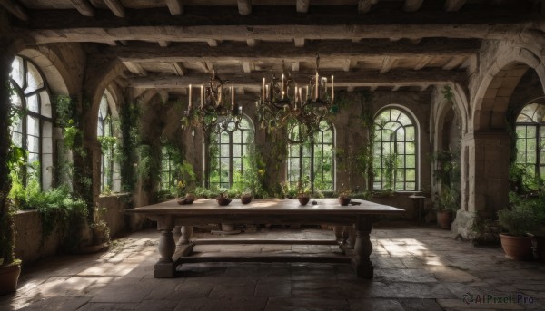 day,indoors,book,no humans,window,chair,table,sunlight,plant,scenery,stairs,potted plant,candle,vines,pillar,arch,candlestand,shadow,fantasy,chandelier