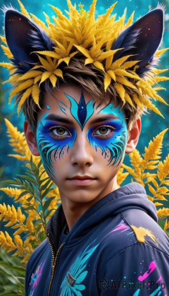 solo,looking at viewer,short hair,brown hair,hair ornament,1boy,animal ears,brown eyes,closed mouth,jacket,yellow eyes,upper body,flower,male focus,artist name,cat ears,signature,hair flower,hood,blurry,lips,eyelashes,hoodie,makeup,leaf,blue background,facial mark,hood down,portrait,hooded jacket,light particles,eyeshadow,zipper,yellow flower,nose,sunflower,eyeliner,facepaint,field,flower field,1girl,black hair,dark skin,plant,extra ears,blue hoodie,bodypaint,paint splatter,paint