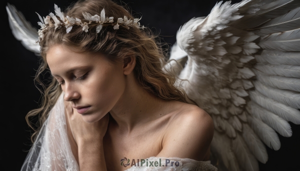 1girl,solo,long hair,simple background,brown hair,dress,bare shoulders,collarbone,closed eyes,upper body,parted lips,wings,white dress,lips,wavy hair,black background,portrait,feathered wings,hand on own face,freckles,angel wings,realistic,white wings,angel,head wreath,blonde hair