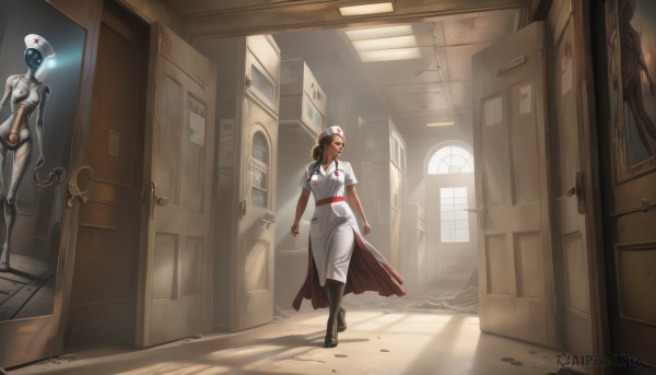 1girl,long hair,multiple girls,brown hair,hat,dress,2girls,standing,short sleeves,boots,indoors,window,bodysuit,sunlight,robot,walking,science fiction,nurse cap,door,android,nurse,cable,cyborg,hallway,thighhighs,belt,signature,hair bun,white dress,high heels,joints,wide shot,horror (theme),humanoid robot,red cross