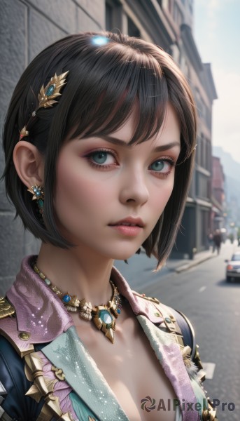 1girl,solo,breasts,looking at viewer,short hair,bangs,blue eyes,brown hair,black hair,hair ornament,cleavage,jewelry,medium breasts,green eyes,collarbone,upper body,earrings,outdoors,parted lips,teeth,solo focus,day,shiny,necklace,blurry,aqua eyes,lips,eyelashes,makeup,depth of field,blurry background,bob cut,ground vehicle,building,gem,motor vehicle,pendant,pink lips,realistic,nose,car,eyeliner,blue gemstone,mascara,jacket,eyeshadow,road