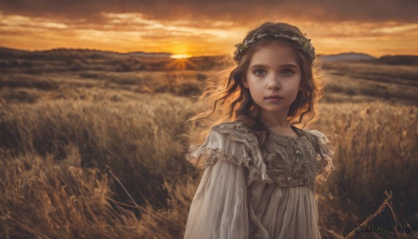 1girl,solo,long hair,looking at viewer,blue eyes,brown hair,dress,upper body,outdoors,parted lips,sky,cloud,signature,white dress,lips,grass,scenery,sunset,mountain,realistic,sun,head wreath,field,wheat,hair ornament,flower,blurry,sunlight,cloudy sky,wind