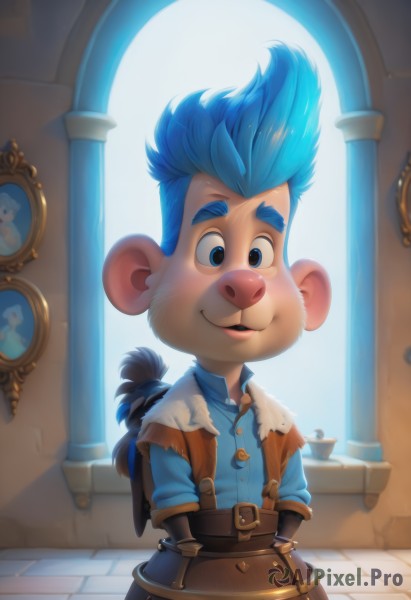 solo,looking at viewer,smile,short hair,open mouth,blue eyes,shirt,1boy,animal ears,blue hair,standing,tail,male focus,collared shirt,belt,indoors,thick eyebrows,blue shirt,furry,personification,furry male,buck teeth,blush,upper body,teeth,day,artist name,vest,spiked hair,extra ears,backlighting,mouse,pillar,column