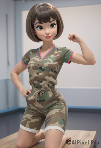 1girl,solo,breasts,looking at viewer,smile,short hair,open mouth,bangs,brown hair,shirt,brown eyes,full body,short sleeves,small breasts,shorts,barefoot,teeth,indoors,hand up,blurry,lips,hand on hip,kneeling,blurry background,bob cut,clenched hand,camouflage,green shorts,flexing,closed mouth,nail polish,arm up,makeup,thick eyebrows