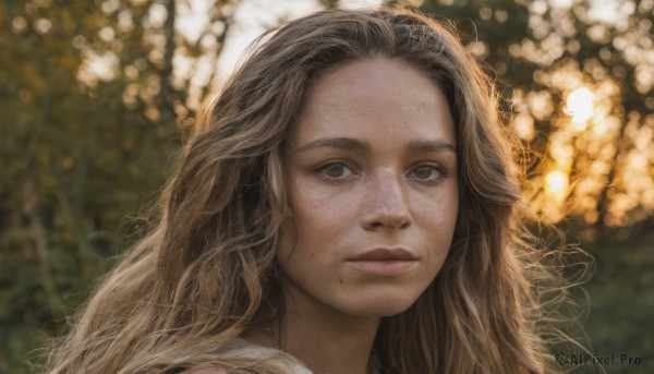 1girl,solo,long hair,looking at viewer,brown hair,brown eyes,closed mouth,mole,blurry,lips,depth of field,blurry background,wavy hair,portrait,mole under mouth,forehead,freckles,realistic,nose,bokeh,mole on cheek,smile,outdoors,light smile