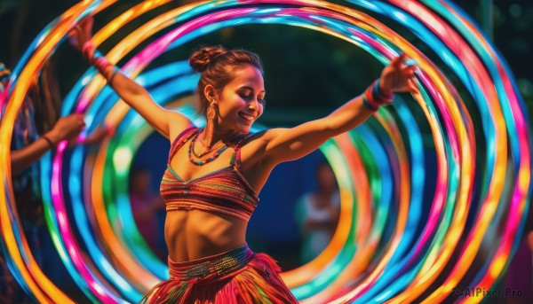 1girl,solo,breasts,smile,short hair,skirt,brown hair,navel,jewelry,earrings,small breasts,solo focus,midriff,dark skin,armpits,necklace,hair bun,blurry,arms up,flat chest,bracelet,dark-skinned female,lips,makeup,blurry background,outstretched arms,wristband,hoop earrings,facepaint,dancing,very dark skin,dreadlocks,tribal,closed eyes,single hair bun,realistic,spread arms