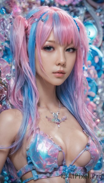 1girl,solo,long hair,breasts,looking at viewer,bangs,hair ornament,cleavage,bare shoulders,twintails,jewelry,medium breasts,closed mouth,underwear,blue hair,swimsuit,upper body,pink hair,bikini,multicolored hair,small breasts,shiny,artist name,necklace,bra,blurry,black eyes,two-tone hair,two side up,lips,streaked hair,grey eyes,eyelashes,makeup,blurry background,realistic,nose,blue eyes,parted lips,gradient hair