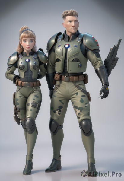 1girl,long hair,looking at viewer,bangs,blue eyes,blonde hair,brown hair,gloves,1boy,brown eyes,jewelry,standing,full body,ponytail,weapon,earrings,boots,belt,pants,armor,uniform,vest,lips,hand on hip,gun,military,bodysuit,military uniform,rifle,science fiction,pouch,height difference,realistic,assault rifle,holster,knee pads,camouflage,elbow pads,bulletproof vest,solo,holding,holding gun,brown gloves,walking