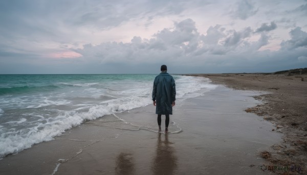 solo,short hair,black hair,long sleeves,1boy,standing,jacket,male focus,outdoors,sky,pants,cloud,water,from behind,shadow,ocean,beach,black pants,cloudy sky,scenery,walking,sand,arms at sides,horizon,facing away,wide shot,waves,shore,footprints,shoes,day,blue sky