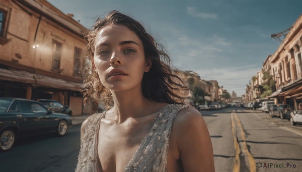 1girl,solo,long hair,breasts,looking at viewer,brown hair,black hair,dress,cleavage,bare shoulders,brown eyes,medium breasts,collarbone,upper body,outdoors,parted lips,sky,teeth,sleeveless,day,white dress,blue sky,lips,ground vehicle,building,motor vehicle,freckles,city,realistic,nose,car,road,house,street,town,blue eyes,sunlight,mole on cheek