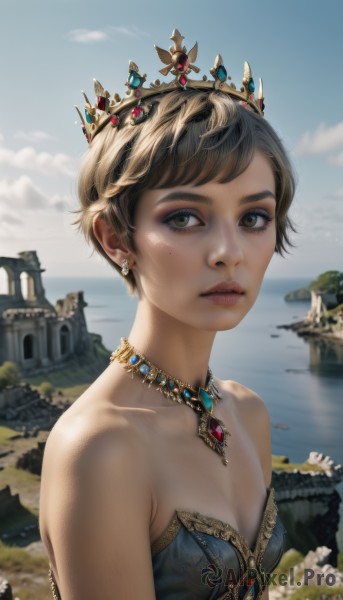 1girl,solo,breasts,looking at viewer,short hair,bangs,brown hair,dress,cleavage,bare shoulders,brown eyes,jewelry,closed mouth,collarbone,upper body,flower,earrings,small breasts,outdoors,sky,day,artist name,cloud,water,necklace,blurry,blue sky,lips,eyelashes,strapless,blurry background,ocean,tiara,crown,gem,freckles,realistic,nose,very short hair,river,castle,lake,green eyes,choker,signature,expressionless,cloudy sky