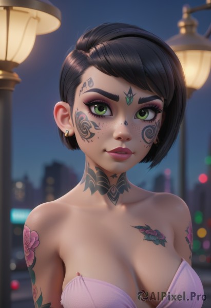 1girl,solo,breasts,looking at viewer,short hair,bangs,black hair,dress,cleavage,bare shoulders,jewelry,medium breasts,green eyes,collarbone,upper body,hairband,earrings,outdoors,choker,blurry,lips,strapless,tattoo,makeup,night,blurry background,facial mark,piercing,lipstick,eyeshadow,freckles,nose,arm tattoo,lamppost,mascara,neck tattoo,parted lips,eyelashes,swept bangs,facial tattoo,shell