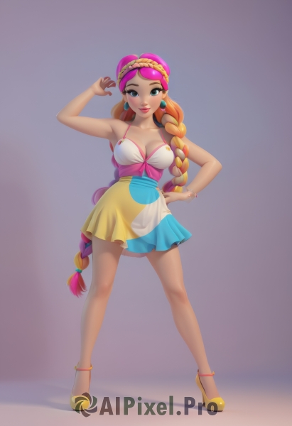 1girl,solo,long hair,breasts,looking at viewer,blush,smile,blue eyes,skirt,blonde hair,simple background,dress,cleavage,bare shoulders,jewelry,medium breasts,very long hair,standing,collarbone,full body,pink hair,braid,multicolored hair,earrings,shoes,hand up,dark skin,orange hair,arm up,high heels,bracelet,two-tone hair,dark-skinned female,lips,see-through,hand on hip,single braid,makeup,lipstick,multicolored clothes,purple background,visor cap,anklet,yellow skirt,yellow footwear,large breasts,watermark,contrapposto