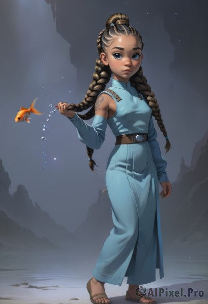 1girl,solo,long hair,breasts,looking at viewer,blue eyes,brown hair,dress,bare shoulders,closed mouth,standing,full body,braid,small breasts,detached sleeves,belt,dark skin,water,twin braids,dark-skinned female,lips,tattoo,toes,blue dress,sandals,forehead,fish,walking,bubble,underwater,nose,air bubble,holding hair,goldfish,dreadlocks,clownfish,black hair,holding,facial mark,thick eyebrows,long dress