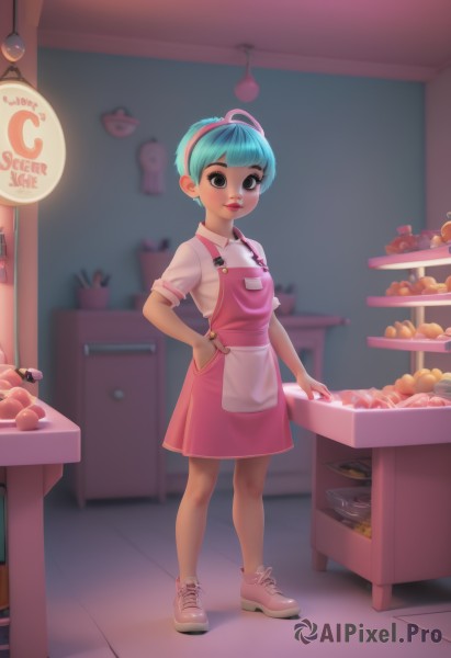 1girl,solo,looking at viewer,smile,short hair,bangs,skirt,shirt,brown eyes,jewelry,blue hair,standing,full body,white shirt,short sleeves,hairband,earrings,food,shoes,puffy sleeves,indoors,blunt bangs,blurry,black eyes,apron,puffy short sleeves,lips,aqua hair,makeup,blurry background,lipstick,sneakers,pink skirt,hand in pocket,pink footwear,pink hairband,shop,pink apron,dress,ahoge,parted lips,collared shirt,fruit,watermark,pink shirt,red lips