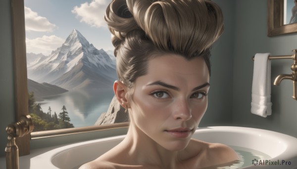 1girl,solo,looking at viewer,blonde hair,brown hair,brown eyes,jewelry,closed mouth,collarbone,nude,earrings,sky,day,cloud,indoors,water,hair bun,tree,lips,window,single hair bun,towel,portrait,partially submerged,freckles,reflection,mirror,mountain,realistic,nose,bathing,bath,bathroom,bathtub,cloudy sky,updo