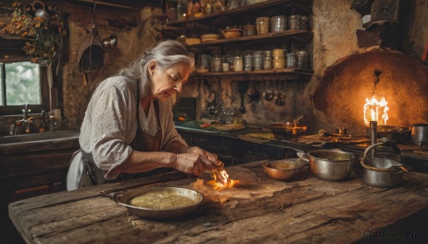 1girl,solo,long hair,1boy,holding,closed mouth,white hair,grey hair,male focus,food,indoors,apron,window,facial hair,looking down,table,bottle,fire,beard,sleeves rolled up,bowl,spoon,candle,old,old man,cooking,flame,kitchen,frying pan,counter,old woman,closed eyes,from side,profile,realistic,jar,stove,wrinkled skin,cutting board