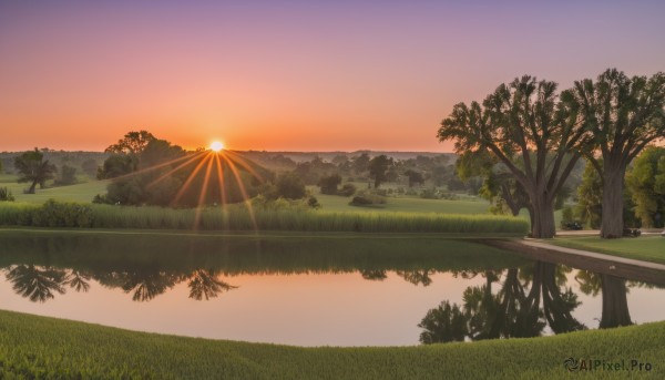 outdoors,sky,cloud,water,tree,no humans,sunlight,grass,nature,scenery,forest,reflection,sunset,mountain,sun,river,landscape,lake,hill,evening,mountainous horizon,gradient sky,orange sky,reflective water