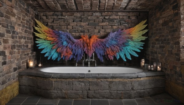 wings,indoors,no humans,fire,scenery,stairs,candle,wall,brick wall,candlestand,stone floor,stone wall,brick,brick floor,bottle,feathers,feathered wings,door,tiles,bathtub,tile wall,blue wings,colorful,sink,multicolored wings,spread wings,faucet