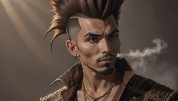 solo,looking at viewer,short hair,brown hair,black hair,1boy,brown eyes,jewelry,closed mouth,collarbone,jacket,male focus,earrings,necklace,facial hair,spiked hair,portrait,beard,smoke,brown background,cigarette,realistic,mustache,smoking,goatee,manly,undercut,dirty,bruise,mohawk,bangs,blonde hair,simple background,looking to the side,scar,piercing,ear piercing,very short hair