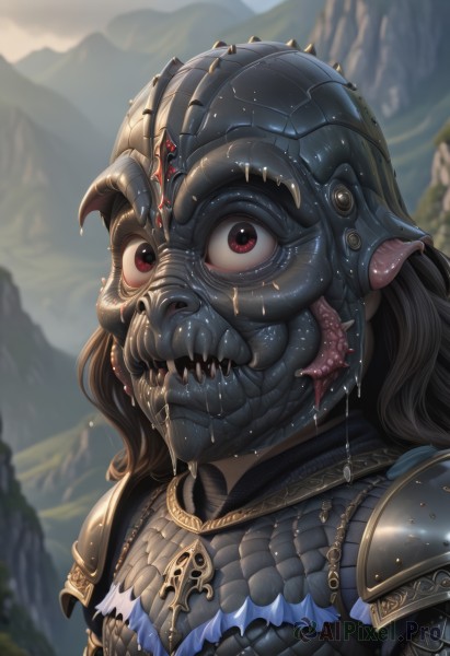 1girl,solo,long hair,looking at viewer,open mouth,brown hair,black hair,red eyes,upper body,outdoors,teeth,tongue,artist name,armor,blurry,saliva,blurry background,fangs,helmet,sharp teeth,shoulder armor,portrait,pauldrons,monster,breastplate,mountain,scales,full armor,chainmail,tongue out,colored skin,monster girl,close-up,extra eyes,horror (theme),tusks