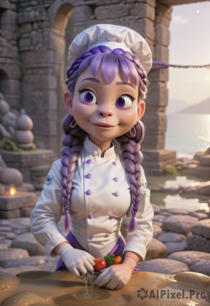 1girl,solo,long hair,breasts,looking at viewer,smile,bangs,gloves,long sleeves,hat,holding,jewelry,closed mouth,purple eyes,upper body,purple hair,braid,earrings,outdoors,food,day,artist name,white gloves,water,blurry,twin braids,buttons,fruit,blurry background,white headwear,table,hair over shoulder,carrot,tomato,chef hat,chef,medium breasts,indoors,uniform,apron,lips,mob cap,knife,web address,rock,vegetable,garden,stone wall,eggplant,potato,onion,radish