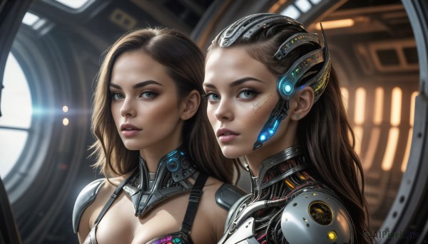 HQ,long hair,breasts,looking at viewer,multiple girls,brown hair,black hair,2girls,cleavage,brown eyes,jewelry,medium breasts,green eyes,upper body,earrings,parted lips,lips,grey eyes,headgear,forehead,science fiction,realistic,nose,android,cyborg,cyberpunk,short hair,blue eyes,bikini,indoors,signature,blurry,makeup,sunlight,portrait,lens flare,eyeshadow