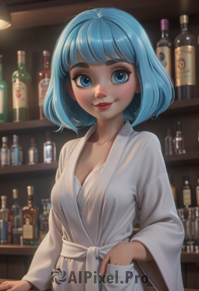 1girl,solo,breasts,looking at viewer,blush,smile,short hair,bangs,blue eyes,long sleeves,cleavage,medium breasts,blue hair,standing,collarbone,upper body,small breasts,parted lips,shiny,artist name,indoors,wide sleeves,blunt bangs,medium hair,nail polish,blurry,lips,fingernails,eyelashes,makeup,blurry background,watermark,bob cut,thick eyebrows,bottle,lipstick,web address,alcohol,eyeshadow,freckles,robe,realistic,nose,red lips,shelf,mascara,bar (place),white robe,bathrobe