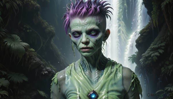 1girl,solo,looking at viewer,short hair,1boy,jewelry,green eyes,upper body,pink hair,purple hair,male focus,water,wet,colored skin,leaf,plant,gem,nature,realistic,green skin,waterfall,earrings,lips,torn clothes,makeup,facial mark,nose,facepaint