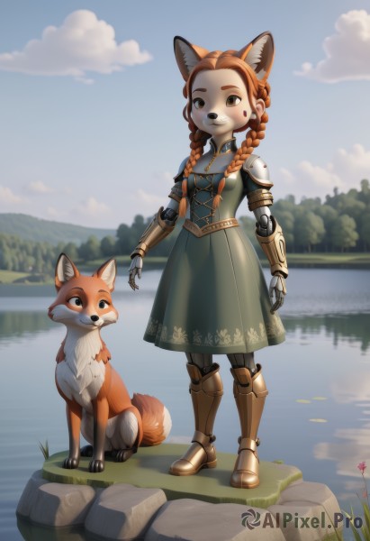 1girl,long hair,breasts,smile,brown hair,dress,animal ears,brown eyes,jewelry,closed mouth,standing,tail,full body,braid,flower,small breasts,boots,outdoors,sky,day,artist name,cloud,water,necklace,orange hair,armor,blurry,looking at another,twin braids,tree,blue sky,fox ears,blurry background,fox tail,animal,facial mark,grass,fox girl,dog ears,furry,forehead,freckles,reflection,green dress,dog,fantasy,furry female,joints,mechanical arms,cyborg,river,single mechanical arm,prosthesis,lake,mechanical legs,orange fur,solo,looking at viewer,nature,extra ears,fox,prosthetic arm