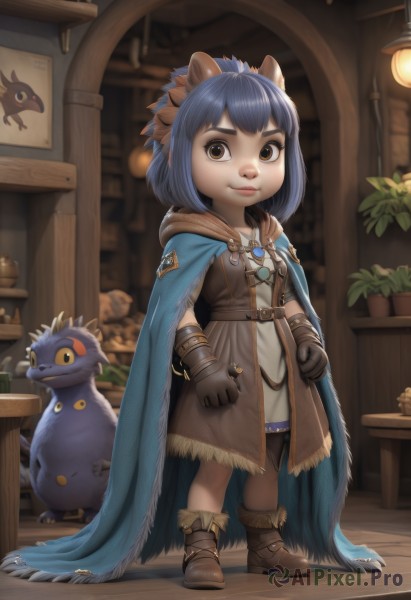 1girl,solo,looking at viewer,smile,short hair,bangs,gloves,dress,animal ears,brown eyes,jewelry,closed mouth,blue hair,standing,full body,boots,belt,indoors,necklace,cape,fur trim,brown footwear,table,plant,child,cloak,brown gloves,pendant,clenched hands,fantasy,potted plant,blue cape,leather gloves,artist name,lips,thick eyebrows,lantern,wooden floor,lamp,leather