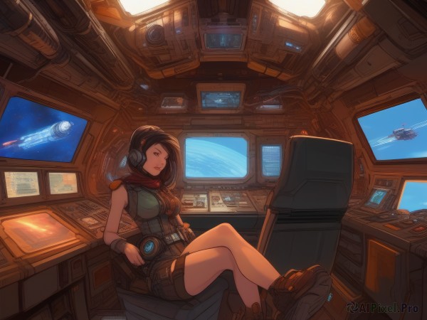 1girl,solo,breasts,smile,short hair,brown hair,black hair,brown eyes,medium breasts,sitting,boots,shorts,sleeveless,belt,indoors,scarf,lips,headphones,brown footwear,crossed legs,headset,science fiction,red scarf,aircraft,space,monitor,planet,spacecraft,cockpit,screen,holographic interface,joystick,gloves,sky,armor,bare legs,window,chair,brown gloves,ankle boots,bracer,computer,thrusters