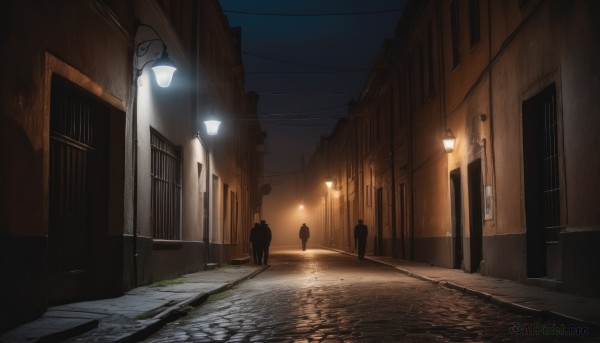 outdoors,sky,no humans,night,shadow,building,scenery,city,door,silhouette,light,road,dark,lamppost,street,alley,people,pavement,vanishing point,multiple boys,2boys,night sky,multiple others,power lines,utility pole