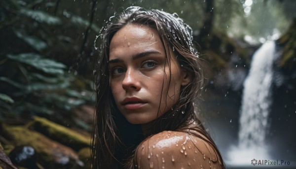 1girl, solo, long hair, looking at viewer, blue eyes, brown hair, black hair, outdoors, parted lips, water, blurry, lips, wet, blurry background, portrait, freckles, realistic, nose, wet hair