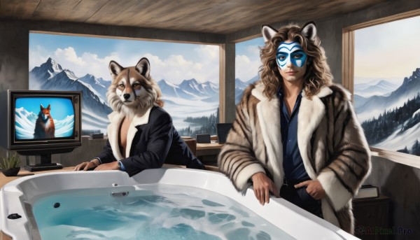 long hair,looking at viewer,brown hair,long sleeves,1boy,animal ears,brown eyes,closed mouth,jacket,male focus,japanese clothes,multiple boys,sky,day,cloud,indoors,2boys,water,tree,blue sky,window,mask,animal,formal,suit,plant,animal print,furry,snow,mountain,furry male,facepaint,chinese zodiac,television,bathtub,tiger,mountainous horizon,sink,tiger stripes,pine tree,mount fuji,1girl,solo,smile,shirt,sitting,upper body,outdoors,open clothes,coat,blue shirt,pointing,desk,computer,monitor,wolf,keyboard (computer),fine art parody