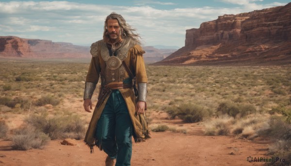 solo,long hair,looking at viewer,shirt,long sleeves,1boy,closed mouth,standing,weapon,grey hair,male focus,boots,outdoors,sky,day,belt,pants,cloud,armor,blue sky,coat,feet out of frame,facial hair,scar,brown footwear,grass,beard,walking,running,mountain,blue pants,field,desert,dust,signature,sash,denim,wind,shoulder armor,sheath,scenery,epaulettes,rock,realistic,sand,bracer,manly,mountainous horizon,tunic