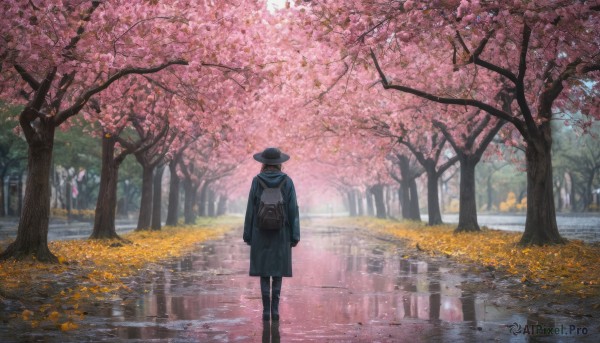 1girl, solo, short hair, black hair, long sleeves, hat, standing, boots, outdoors, day, pants, bag, from behind, scarf, black footwear, tree, coat, leaf, black pants, backpack, cherry blossoms, scenery, reflection, walking, road, autumn leaves, autumn, grey coat