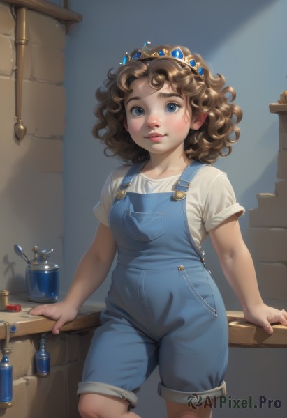 1girl,solo,looking at viewer,smile,short hair,blue eyes,brown hair,shirt,closed mouth,standing,white shirt,short sleeves,indoors,medium hair,lips,arm support,bottle,tiara,denim,t-shirt,freckles,curly hair,realistic,nose,overalls,brick wall,leaning on object,blue overalls,overall shorts,breasts,blush,collarbone,cowboy shot,parted lips,shorts,crown,gem,wall