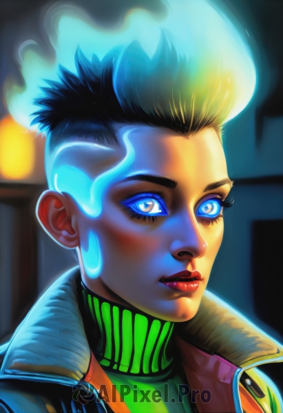 1girl,solo,looking at viewer,short hair,blue eyes,black hair,blue hair,jacket,upper body,multicolored hair,two-tone hair,lips,eyelashes,makeup,glowing,turtleneck,fire,lipstick,portrait,glowing eyes,nose,red lips,undercut,hair slicked back,blue fire,mohawk,cyberpunk,fiery hair,glowing hair,blonde hair,artist name,signature,dark skin,spiked hair,eyeshadow,high collar