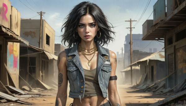 HQ,1girl,solo,breasts,looking at viewer,short hair,shirt,black hair,navel,cleavage,bare shoulders,brown eyes,jewelry,medium breasts,jacket,upper body,earrings,outdoors,open clothes,sky,sleeveless,day,midriff,artist name,cloud,dark skin,medium hair,necklace,vest,blue sky,lips,crop top,tattoo,makeup,watermark,tank top,denim,wind,building,web address,forehead,pendant,pocket,hoop earrings,city,realistic,nose,arm tattoo,shoulder tattoo,power lines,dirty,open vest,utility pole,cropped vest,denim jacket,collarbone,small breasts,parted lips,signature,torn clothes,abs,armband,armlet,toned,serious,sign,road,breast pocket,ruins,street,debris,dirty face