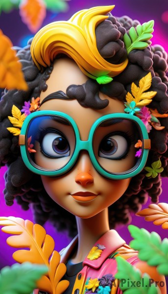 1girl,solo,looking at viewer,smile,short hair,blonde hair,shirt,black hair,hair ornament,brown eyes,upper body,flower,multicolored hair,parted lips,glasses,sleeveless,artist name,hair flower,dark skin,blurry,black eyes,dark-skinned female,lips,eyelashes,sleeveless shirt,makeup,depth of field,leaf,watermark,plant,portrait,eyeshadow,purple background,curly hair,pink shirt,yellow flower,round eyewear,very dark skin,dreadlocks,green-framed eyewear,open mouth,blue eyes,teeth,black shirt,sunglasses,pink flower,freckles,nose,afro