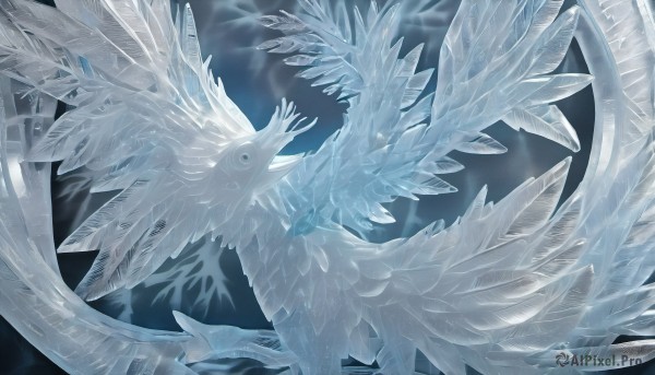 HQ,solo,wings,black eyes,from side,no humans,feathered wings,blue theme,animal focus,multiple wings,blue eyes,white hair,feathers,flying,angel wings,light rays,dragon,white wings,creature,white theme,grey theme