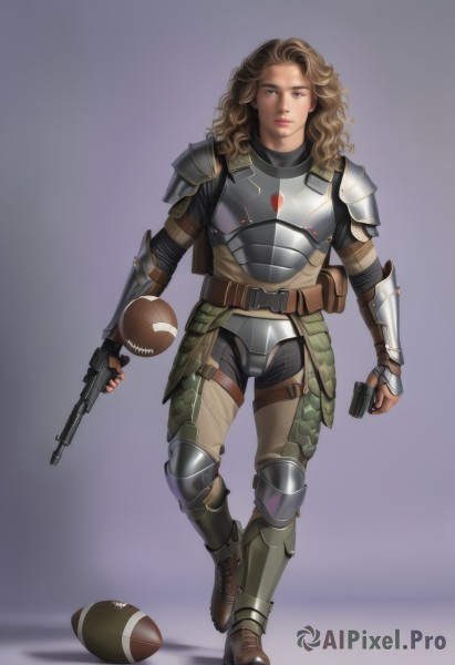 1girl,solo,long hair,looking at viewer,simple background,brown hair,gloves,holding,brown eyes,standing,full body,weapon,boots,belt,fingerless gloves,holding weapon,armor,lips,gun,looking to the side,wavy hair,helmet,shoulder armor,holding gun,handgun,headwear removed,walking,dual wielding,curly hair,pauldrons,pouch,breastplate,realistic,nose,vambraces,brown belt,knee pads,animification,explosive,finger on trigger,helmet removed,chainmail,plate armor,grey background,rifle,science fiction,armored boots,greaves,power armor,shotgun,grenade,body armor