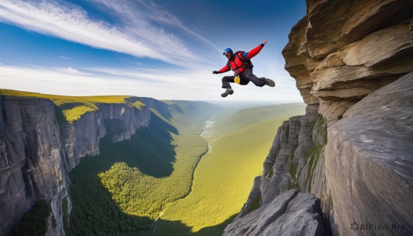 solo,gloves,1boy,male focus,outdoors,sky,day,cloud,bag,blue sky,bodysuit,backpack,nature,scenery,flying,science fiction,rock,mountain,superhero,landscape,cliff,helmet,jumping,realistic