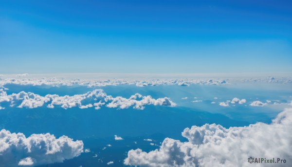 monochrome,outdoors,sky,day,cloud,blue sky,no humans,bird,ocean,cloudy sky,scenery,blue theme,horizon,landscape,above clouds,water,waves,island