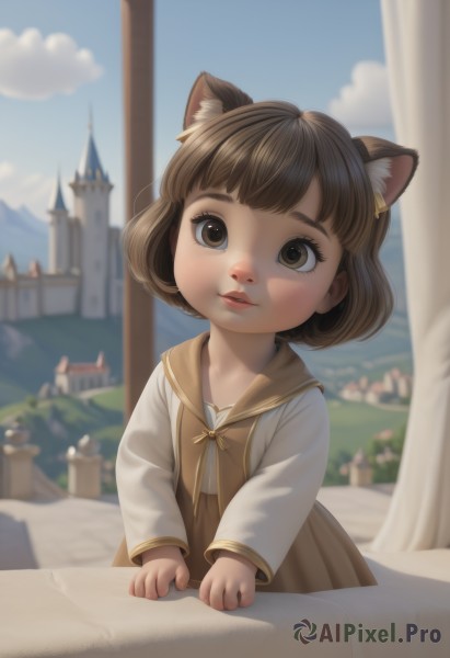 1girl,solo,looking at viewer,smile,short hair,bangs,brown hair,hair ornament,long sleeves,dress,animal ears,brown eyes,white shirt,upper body,outdoors,parted lips,sky,day,cloud,indoors,cat ears,sailor collar,blurry,blue sky,lips,animal ear fluff,eyelashes,window,depth of field,blurry background,bob cut,curtains,building,child,nose,female child,brown dress,balcony,skirt,shirt,jewelry,school uniform,earrings,teeth,serafuku,blunt bangs,brown skirt,realistic,castle