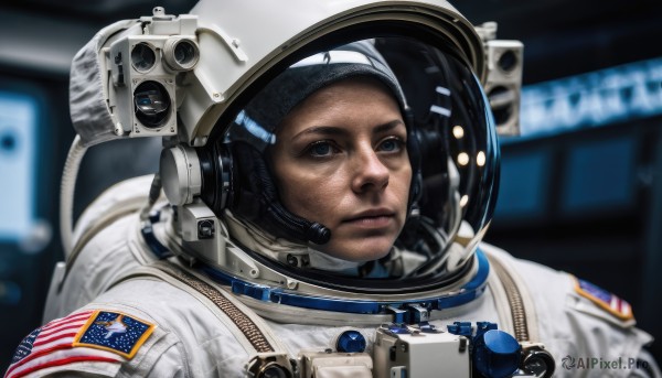 solo,looking at viewer,blue eyes,black hair,1boy,closed mouth,upper body,male focus,dark skin,blurry,blurry background,helmet,portrait,realistic,american flag,spacesuit,japanese flag,astronaut,1girl,lips,reflection,science fiction,space,planet,earth (planet),spacecraft,pilot,space helmet,united states