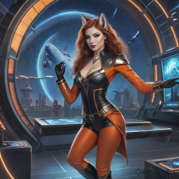 1girl,solo,long hair,breasts,looking at viewer,large breasts,brown hair,gloves,animal ears,cleavage,brown eyes,jewelry,medium breasts,earrings,boots,parted lips,sky,black gloves,cat ears,necklace,mole,lips,window,bodysuit,makeup,night,fake animal ears,headgear,watermark,wavy hair,moon,knee boots,star (sky),pendant,science fiction,realistic,red lips,cityscape,space,planet,earth (planet),spacecraft,holographic interface,blush,standing,belt,artist name,fox ears,lipstick,night sky,web address,curly hair,fantasy