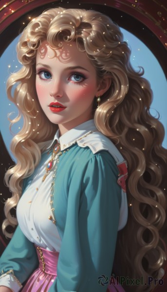 1girl,solo,long hair,breasts,looking at viewer,blush,blue eyes,skirt,blonde hair,brown hair,shirt,long sleeves,jewelry,very long hair,jacket,white shirt,upper body,earrings,parted lips,artist name,from side,lips,eyelashes,makeup,wavy hair,lipstick,brooch,gem,light particles,eyeshadow,pink skirt,freckles,curly hair,red lips,medium breasts,collared shirt,sparkle,blue background,facial mark,crescent,high-waist skirt,forehead mark,nose,eyeliner,mascara