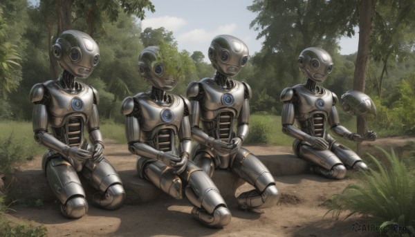 sitting,outdoors,multiple boys,day,tree,no humans,kneeling,own hands together,grass,robot,nature,mecha,seiza,forest,science fiction,android,humanoid robot,blue eyes,male focus,sky,cloud,4boys,joints,robot joints